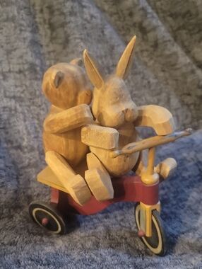 Wooden Bunny & Bear Tricycle Toy - Natural Wood with Red Accents
